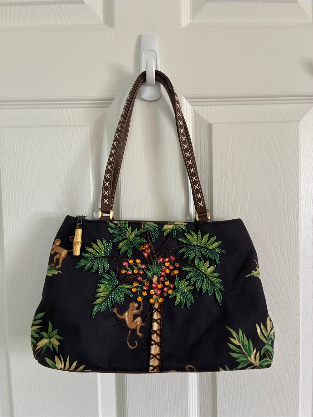 Isabella Fiore Black Monkey Palm Tree Embroidered Tote Shoulder Bag